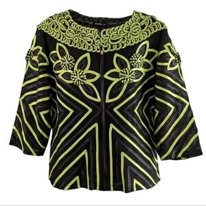 Modelia Black Neon Green Festival Embroidered Cutout Blouse Boho Festival Jacket